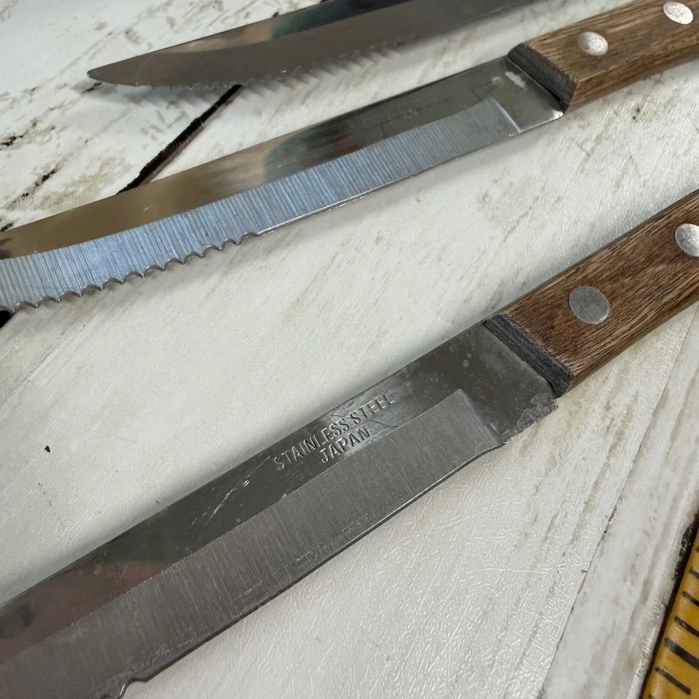 Steak Knife Set Vintage Japan Stainless Wood Block 5pc Set Serrated MCM Retro